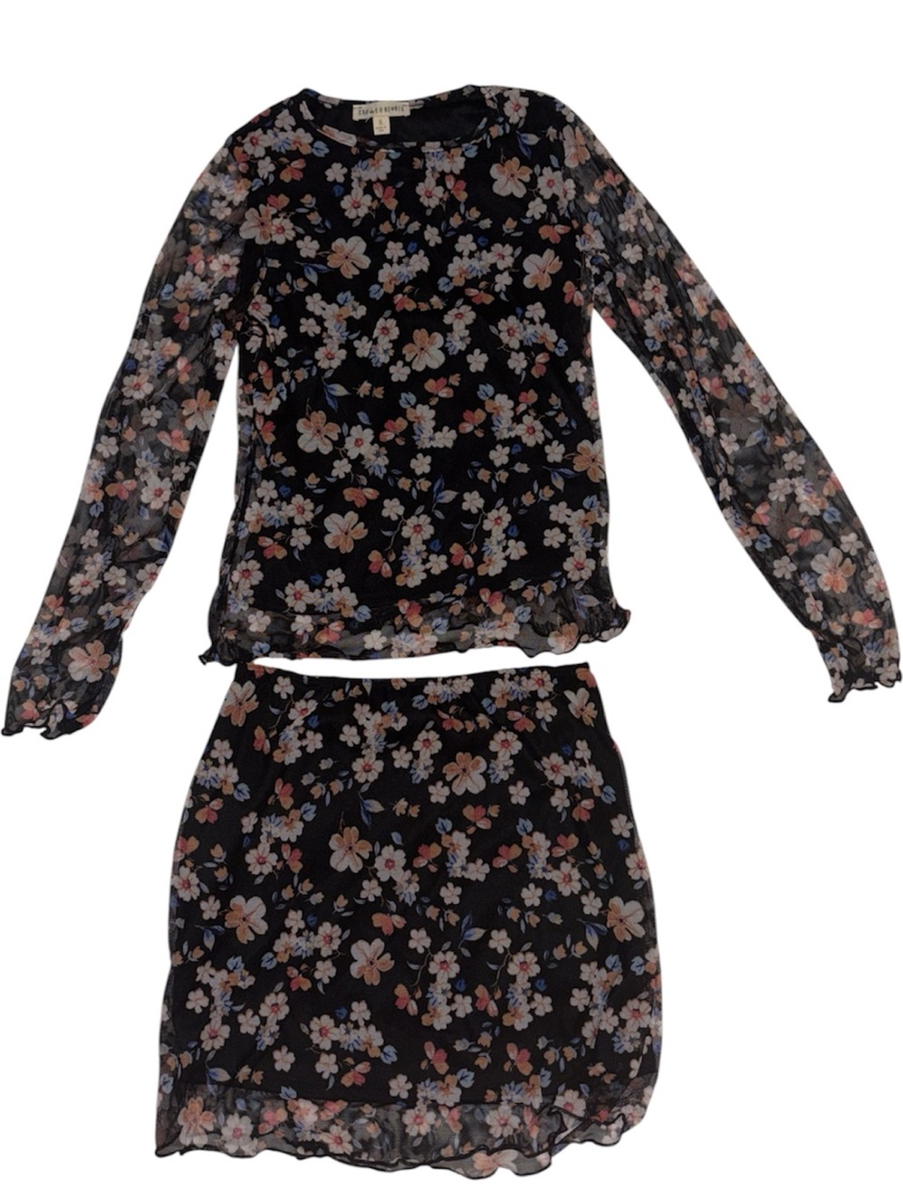 Floral Sheer Two-Piece Set - Black with Pink & Blue Flowers
